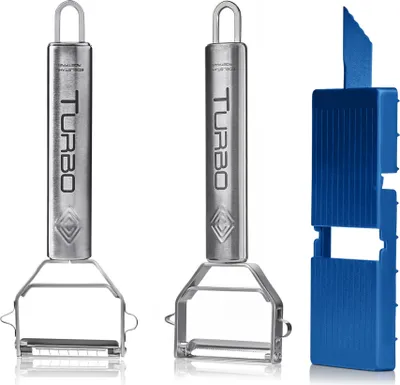 Produktbild von TURBO PRODUKTE Turboschäler & Turbo Julienneschneider Small inkl. Hobelbrett - 3'er Set Sparschäler, Julienneschäler Small & Hobelbrett - Edelstahl