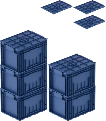 Produktbild von SparSet 5x VDA KLT Kleinladungsträger mit Verbundboden & Auflagedeckel | HxBxT 28x30x40cm | 22 Liter | KLT, Transportbox, Transportbehälter, Stapelbehälter
