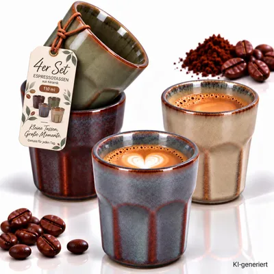 Produktbild von 4er Set Espressotassen 110 ml aus Keramik – ohne Henkel, bunt, kleine Kaffeetassen für Espresso, Mokka & Ristretto, KI-generiertes Bild