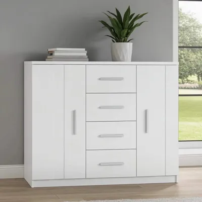 Produktbild von Kommode Zenit K2D4SZ breite 120 cm 4-Schubladen und 2-Türen klassische Anrichte Wohnzimmer oder den Flur solide Sideboard (Weiß)