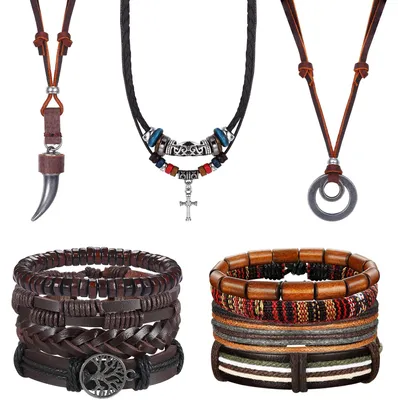 Image de Set de bijoux pour hommes 11 pièces - Bracelets en cuir ajustables et colliers pour hommes