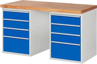 Produktbild von Werkbank mit 8 Schubladen - Vollauszug - 150:6 / 270:2 - 890 x 1.500 x 700 mm (HxBxT) - Traglast 1.000 kg - Buche