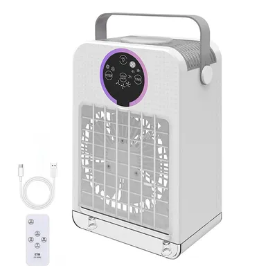 A white portable air cooler with a gray handle and a control panel with colorful lighting.