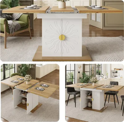 Immagine prodotto di Tavolo da pranzo allungabile 110-140 cm con vano contenitore, tavolo da cucina con rilievo sole e maniglie dorate, effetto legno bianco, tavolo da pranzo flessibile per 4-6 persone