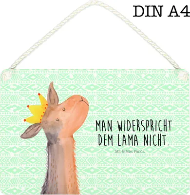 Produktbild von Mr. & Mrs. Panda Schild Lamakopf König DIN A4 - Aztekenblau - Geschenk, Lama, Mama, Türschild, wandhänger, kleine aufmerksamkeit, Vorgesetzter, Abitur, Holzschild, Papa