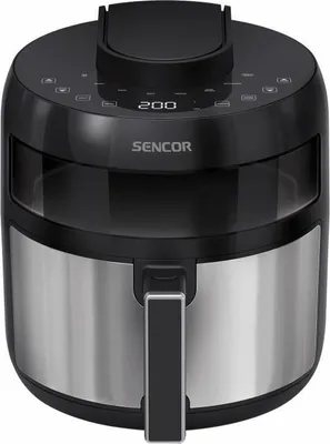 A Sencor air fryer is shown from a front-diagonal angle against a neutral background.