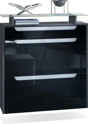 Produktbild von Vladon Schuhschrank Annie, Schuhkipper für 16 Paar Schuhe mit 2 Klappen, 1 Schublade und Glasablage, Anthrazit matt/ Schwarz Hochglanz, Griffmulden in Weiß Hochglanz (89 x 96 x 23 cm)