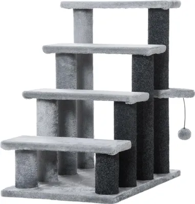 Produktbild von Katzentreppe - Kratzbaum Treppe für Katzen - 4 Ebenen - Kratzsäulen aus Holz mit Jute - Weicher Plüschbezug - Spielball - Grau