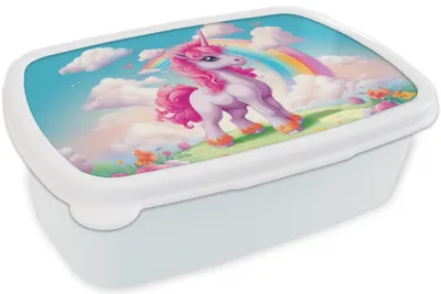 Produktbild von KitchenYeah® Lunchbox Brotzeit Brotdose 17x11 cm Einhorn - Mädchen - Blumen - Regenbogen - Einhorn Kinder Brotzeitdose - Lunch Box - Kinder - Sandwich-Box - Schulbox - Lunch Boxen
