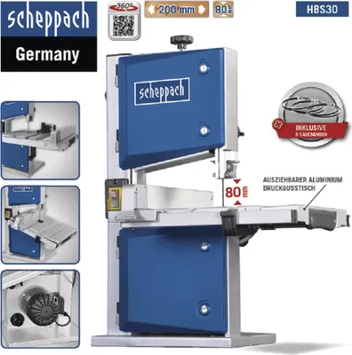 Obrázok produktu pre Pásová píla Scheppach HBS30 vrátane 3 pílových pásov | 230 V 350 Watt | svetlá výška: 80 mm | svetlá šírka: 200 mm | otočný stôl od 0° do 45°