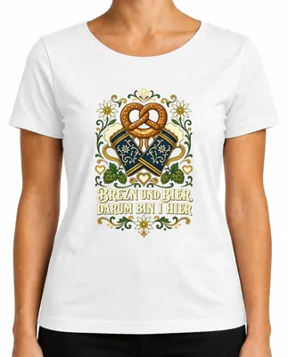Imagen del producto de Brezn y cerveza, por eso estoy aquí. Camiseta tradicional, pantalones de cuero, vestido tradicional. Camiseta para mujer, blanca, talla S