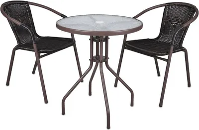 Produktbild von VCM 3-tlg. Bistroset | Balkonset | Gartentisch: Durchmesser 60 cm, Höhe: 72 cm | Stuhl | braune Sitzgarnitur | Bistrostuhl Poly-Rattan