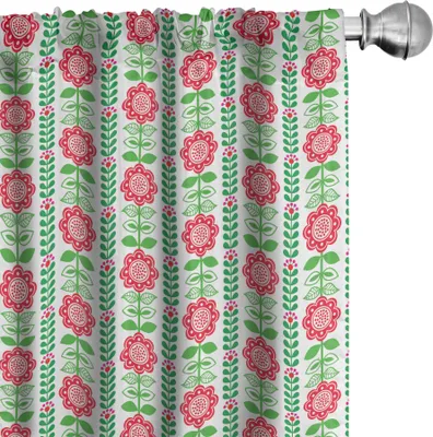 Produktbild von ABAKUHAUS Blume Vorhänge, Gardinen, Nordische Art blühende Blumen und Blätter Volkskunst Komposition, 2 Stück 75 x 175 cm, Apfelgrün Vermilion