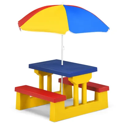 Produktbild von COSTWAY Kinder Sitzgruppe Sitzgarnitur Kindermöbel mit Sonnenschirm Kindertisch Picknickbank Gelb