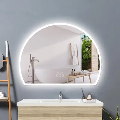 Produktbild von LED Badspiegel mit Beleuchtung 80x60cm Dreiviertelkreis Badspiegel mit Uhr Bluetooth Beschlagfrei 3 Lichtfarbe Dimmbar IP44