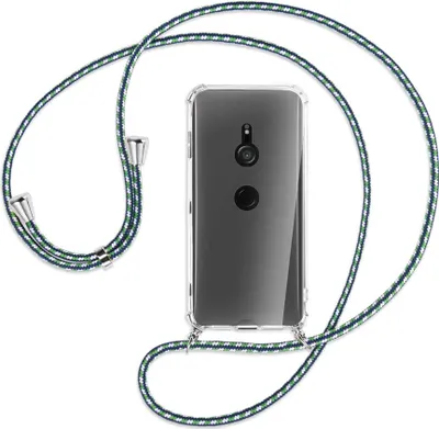 Produktbild von Handykette Backcover-Schutzhülle mit Band (Metall silberfarben) für Sony Xperia XZ3 - grün/blau/weiß