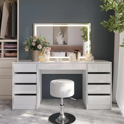 A white vanity table with a lighted mirror and a stool in a room with a blue wall and a closet.