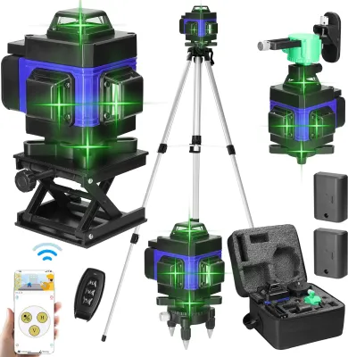 Produktbild von Kreuzlinienlaser profi 4D Laser Level 16 Lines Grünes 360º Rotary Automatisch (Arbeitsbereich: 25 m) mit 3 Höhen verstellbarem stativ IP54 Staub & Wasserschutz mit zwei Batterie Lasermessgeräte
