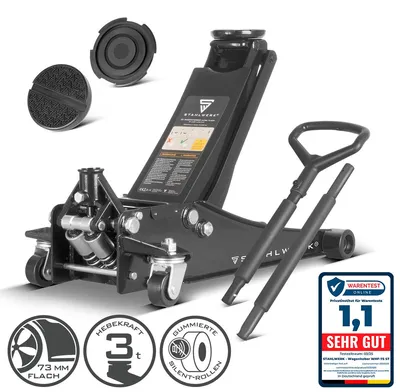 Produktbild von STAHLWERK Hydraulischer Wagenheber mit 3 t Tragkraft - extra flach, 73-500 mm Hubbereich, gummierte Silent-Rollen, Doppelhubkolben, Rangierwagenheber, WHB-73