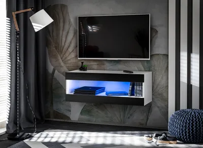 Obrázek produktu pro Komoda, RTV skříňka, Tivoli RTV2, bílá/černá, šířka 100 cm x výška 36 cm x hloubka 35 cm, LED modrá, do obývacího pokoje, ložnice