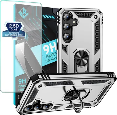 A product shot of a phone case and screen protector, with marketing text and graphics.