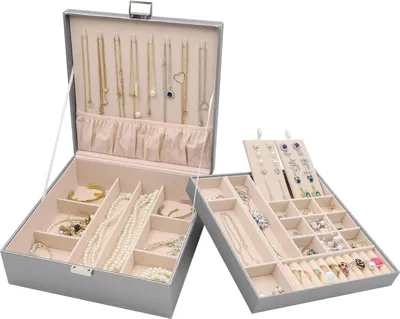 Productafbeelding van Sieradendoos organizer voor kettingen, oorbellen, armbanden, ringen en accessoires. Grote opbergkoffer van Polyurethanleer met dubbele, stapelbare lagen voor dames en meisjes - grijs