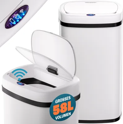 A collage of images showing a white automatic sensor trash can with its lid open and closed, highlighting its features and capacity.