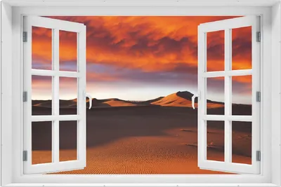 Produktbild von Wallario Wandbild mit Fenster-Illusion: Sahara Wüste II - Sanddünen im Sonnenuntergang, Größe: 61 x 91,5 cm, Poster mit rahmenlosen Bildhalter