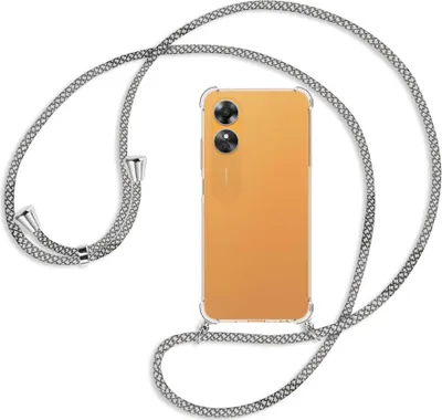 Produktbild von Handykette Backcover-Schutzhülle mit Band (Metall silberfarben) für Oppo A17 4G (CPH2477, 6.56'') - weiß/grau kariert