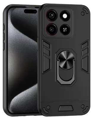 A black protective phone case with a metal ring stand is shown.