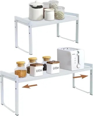 Produktbild von PolkaHome® Set von 2 ausziehbaren Regalböden 66 cm, stapelbare Küchenregal-Organizer, verstellbar, weiß