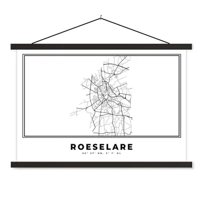 Produktbild von MuchoWow® Textilposter Karte - Stadtplan - Roeselare - Belgien - Schwarz und weiß 120x80 cm mit schwarzem Rahmen - Wanddeko