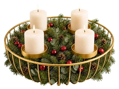 Productafbeelding van Relaxdays Adventskrans, 4 stompkaarsen, metaal, afmetingen: 10 x 33 cm, moderne adventsdecoratie, kerstkrans, goud, AI-gegenereerde afbeelding