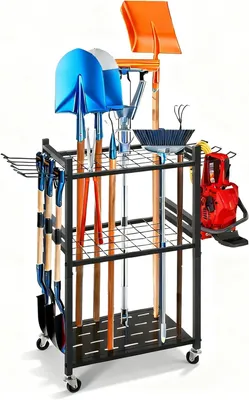 Produktbild von Gartengerätehalter, 35 Steckplätze und 9 Haken, Kohlenstoffstahl, mit Rädern, für Garten