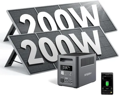 Immagine prodotto di AFERIY Power Station 1800 W 1024 Wh con 2 pannelli solari da 200 W, 9 uscite, LiFePO4, campeggio e casa
