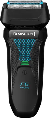 A black electric shaver with blue and green accents is shown against a white background.