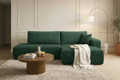Image de Canapé d'angle  avec fonction couchage et coffre de rangement, velours côtelé Tilia, vert, version droite, OPEN XL