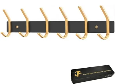 Image de Porte-manteaux mural en acier inoxydable, noir et or, avec 6 crochets