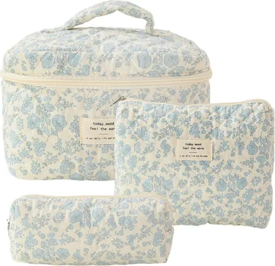 Produktbild von 3er-Set Kosmetiktasche Damen Schminktasche Baumwollstoff Handtasche, Farbe: Blau