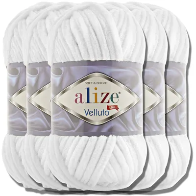 Produktbild von Alize 5x 100g Velluto dicke Wolle, Uni, Chenille, Häkeln, Stricken (White | 55)