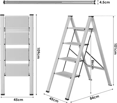 Produktbild von Aluminium Trittleiter 4 Stufen - Klappbare Haushaltsleiter - Breite Stufen - Rutschfeste Füße - Belastbar bis 150 kg - Höhe 101 cm