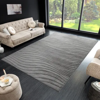 Produktbild von riess-ambiente Moderner XXL Teppich WAVE 350x235cm anthrazit Kurzflor Indoor Hoch-Tief-Effekt
