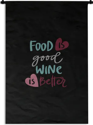 Produktbild von MuchoWow® Wandteppich Wandbehang Schwarz - 'Essen ist gut, Wein ist besser' - Sprichwörter - Zitate 90x135 cm Tapisserie Dekoration Wandtuch - Baumwolle - Wandskulptur