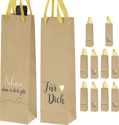 Produktbild von Flaschentüte 'Für Dich' 2 Motive 12er Set 8x35x8cm Papier 160gsm naturfarben Geschenkverpackung Tüte Flaschentasche