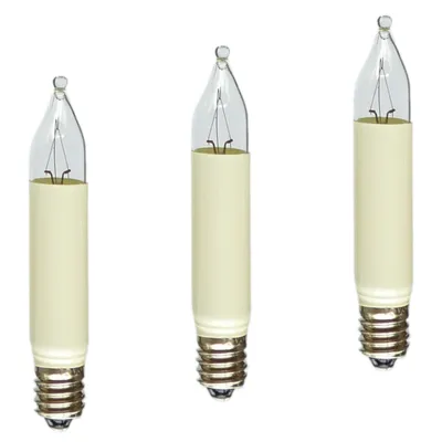Three small candle-shaped light bulbs with cream-colored bases and clear glass tops, arranged in a row against a white background.