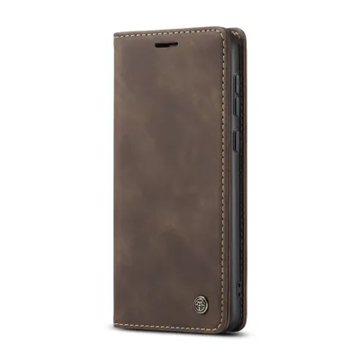 A brown leather flip case for a smartphone, shown from the side.