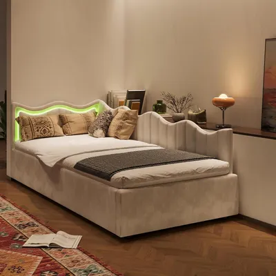 Image de Lit pour adolescents - Canapé-lit - Rangement intégré - LED intégrées - 90 x 200 cm - Velours beige
