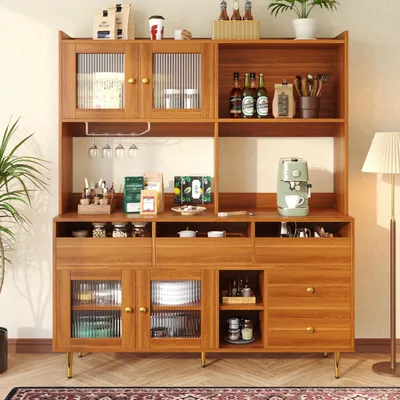 Image de Meubles de cuisine hauts, buffet de cuisine avec porte en verre, armoire buffet avec support à vin, meuble buffet avec étagères ouvertes, finition en noyer