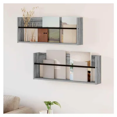 Produktbild von Magazinregal im 2er-Set aus grauem Sonoma Holzwerkstoff, 80 x 12 x 30 cm, zur Wandmontage, Organizer für Zeitschriften und Zeitungen, platzsparend