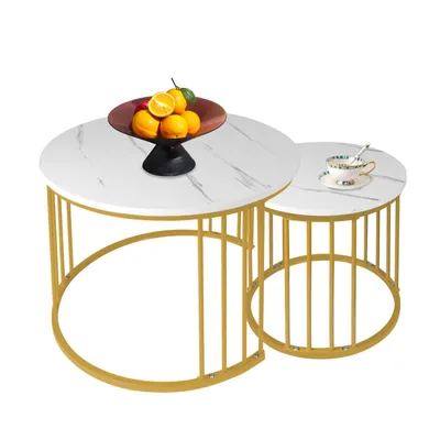 Produktbild von 2er Set Satztische,Couchtisch Rund Marmor Muster Holztische mit Metallrahmen,Stapelbarer Beistelltisch Set,Sofatisch für Wohnzimmer,Balkon(60cm+40cm)
